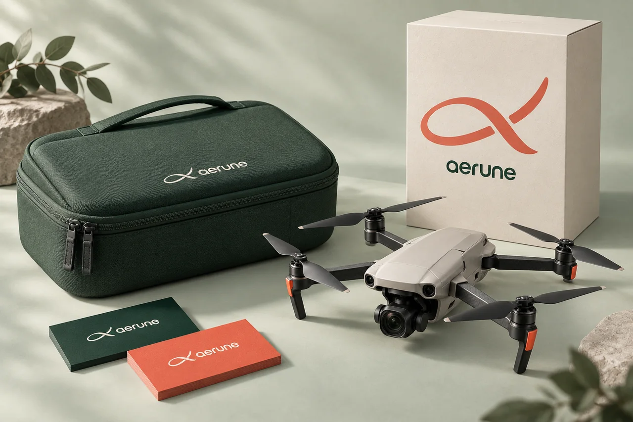 AERUNE identity on product packaging, a carrying case and stationery