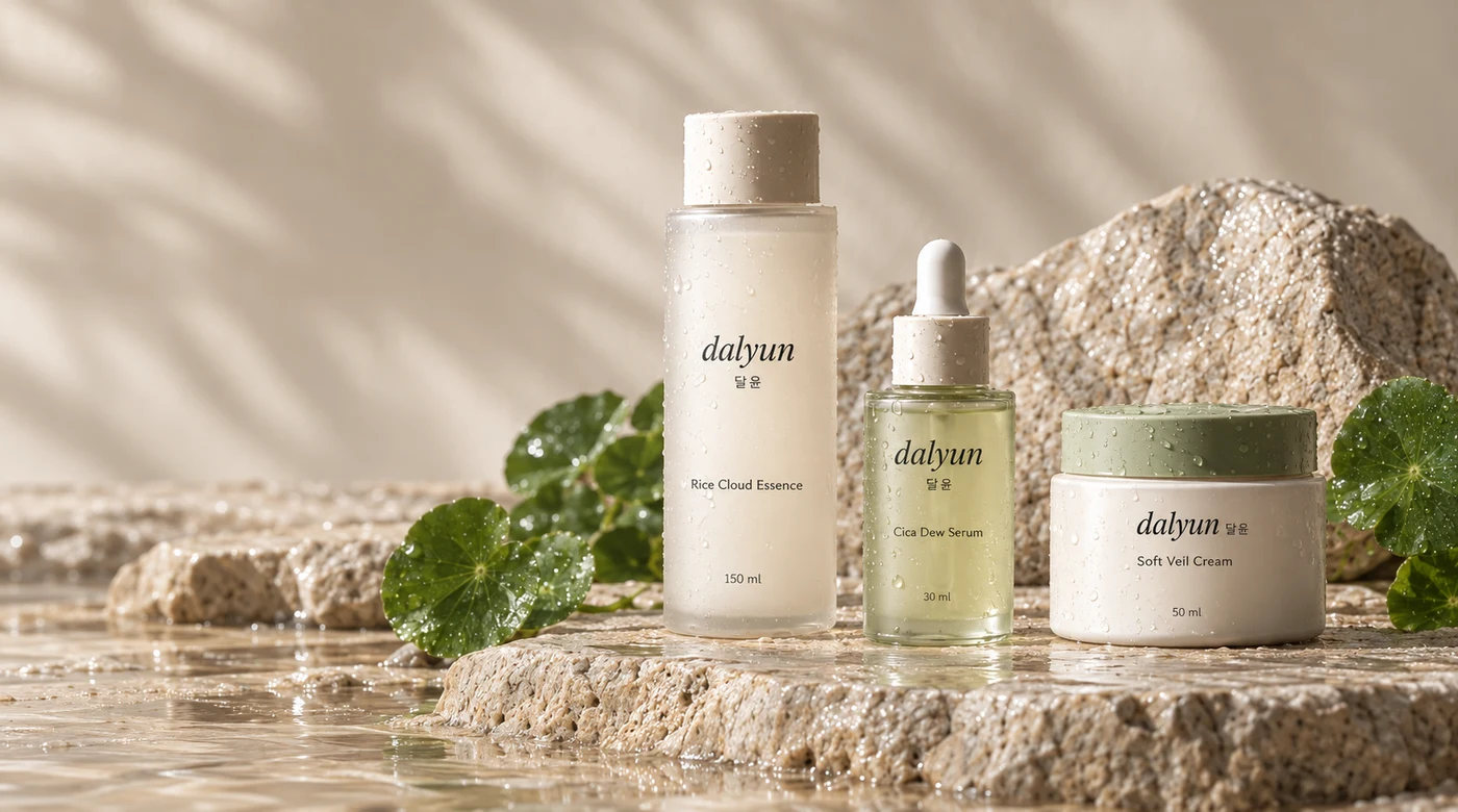 Rice essence, botanical serum and cream arranged on rain-washed stone