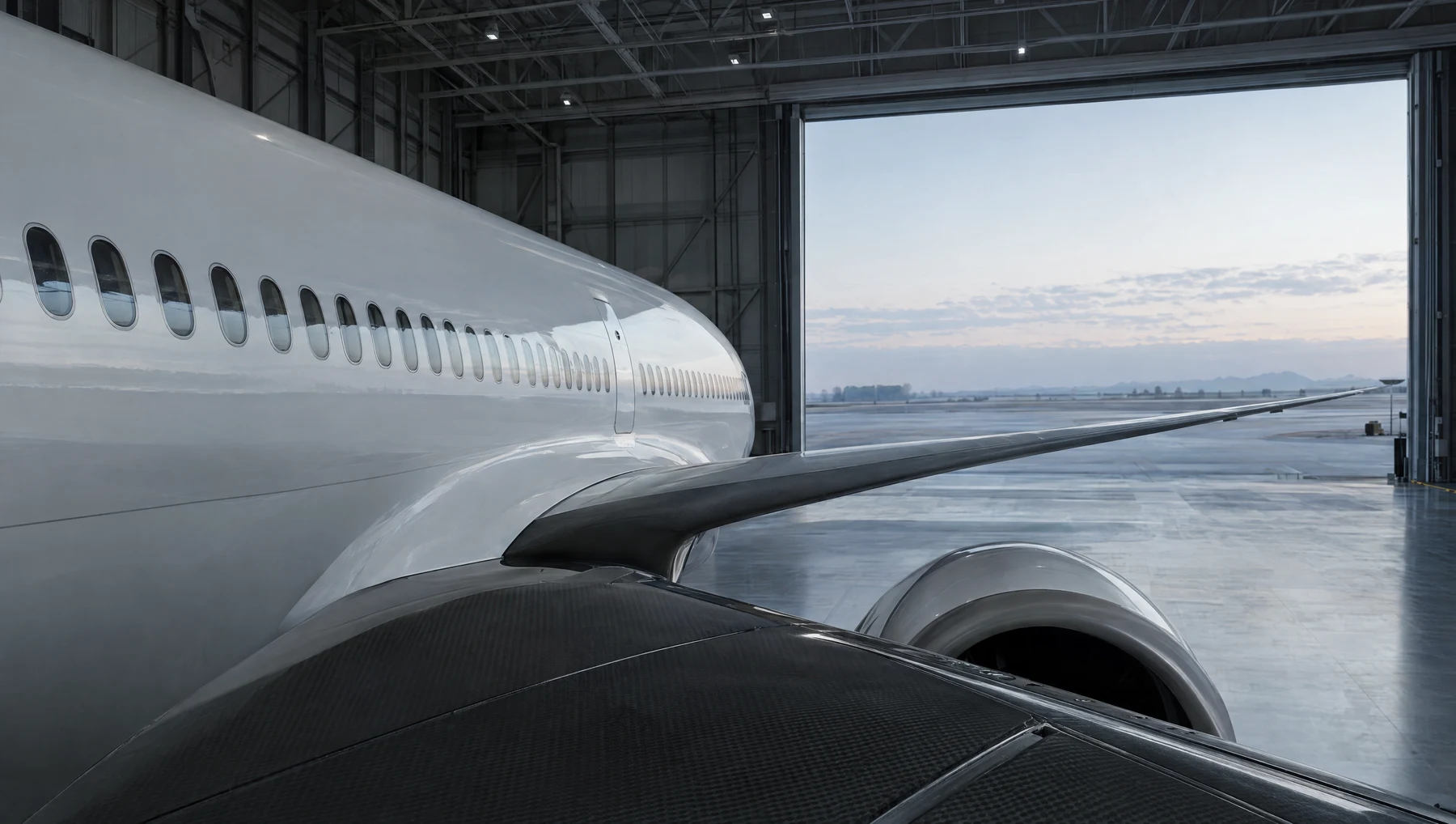 Modern hangarda uçak ve kompozit kanat yapısı