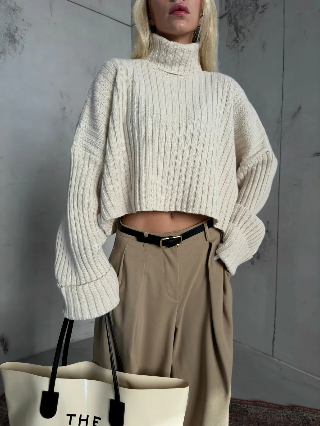 Balıkçı Yaka Fitilli Crop Kazak