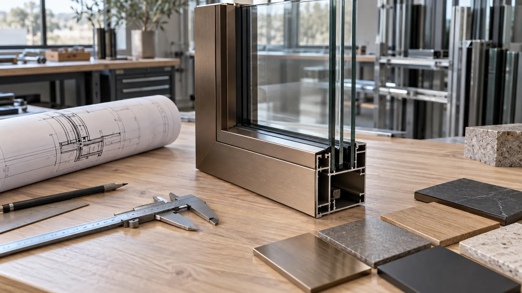 Architectural glass profile and material samples on an oak workbench