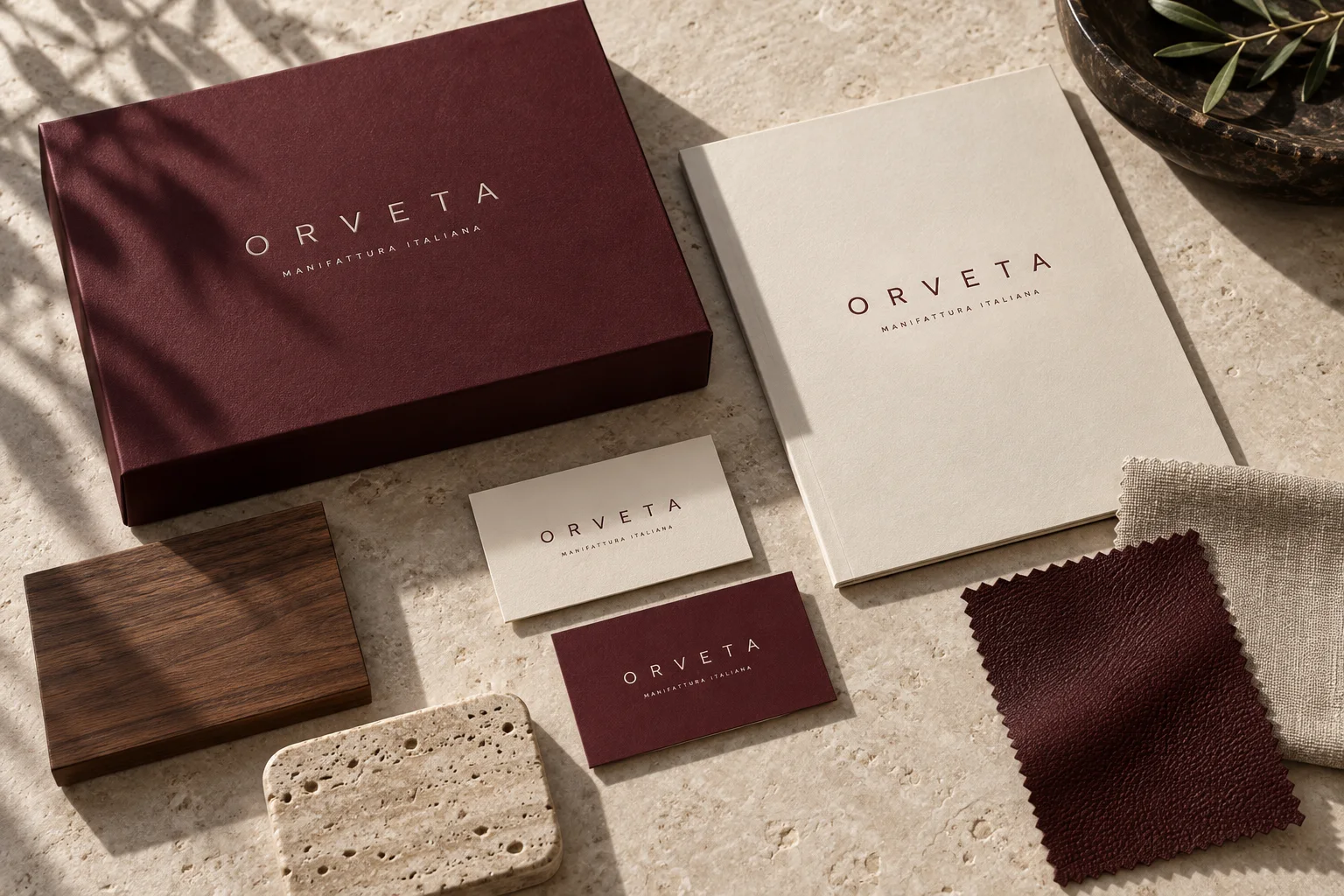 Applicazioni del marchio ORVETA su packaging, carta e campioni materici