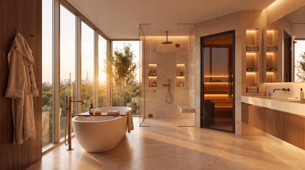Doğal taş ve sıcak ahşapla tasarlanan banyo