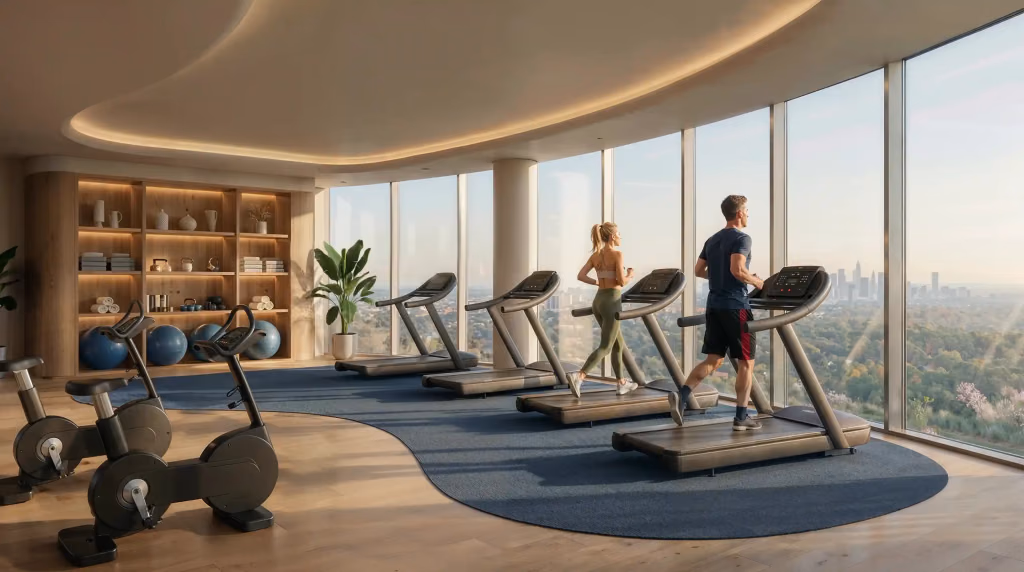 Panoramik camlarla çevrili fitness stüdyosu